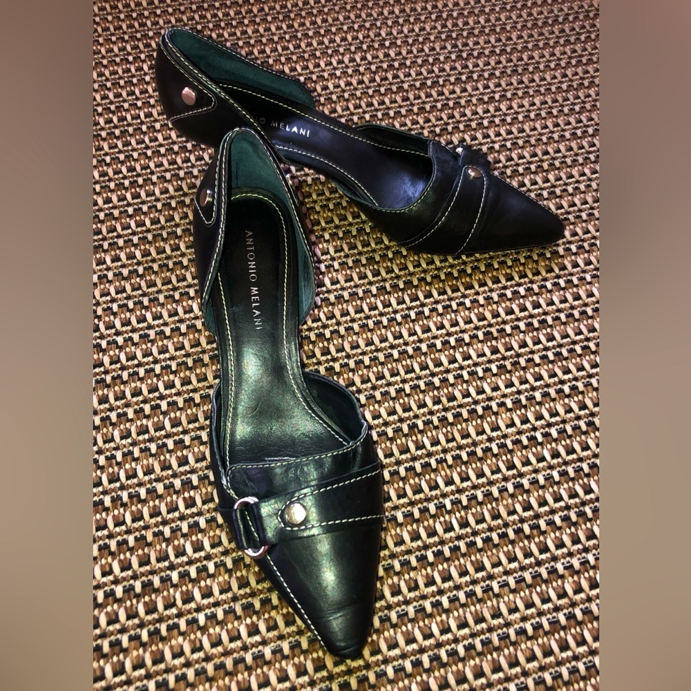 Vintage Y2K Antonio Melani d’Orsay Black Leather Pointed Toe Kitten Heel Pumps